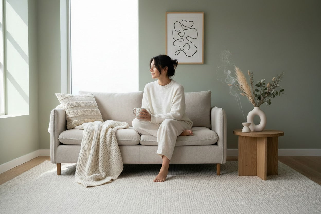 A woman in a cozy cream-colored lounge set sits on a light beige sofa in a bright, japandi minimalist living room with a green-gray wall, a wooden side table, and a textured rug.