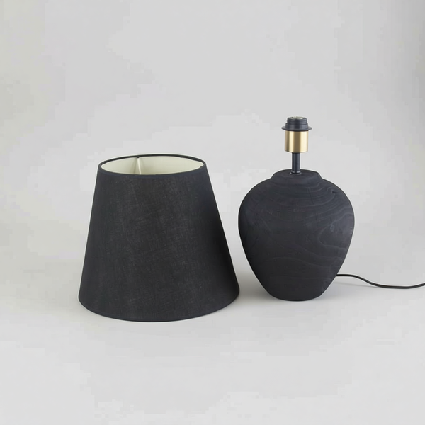 Matte Black Urn Table Lamp – Wabi-Sabi Linen Shade Bedside Light, night lights, in a styled setting, in soft neutral organic