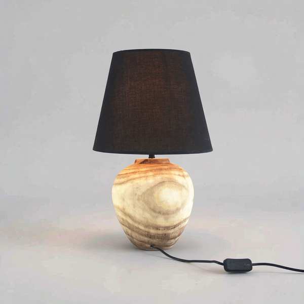 Matte Black Urn Table Lamp – Wabi-Sabi Linen Shade Bedside Light, night lights, front view, with calming Nordic simplicity