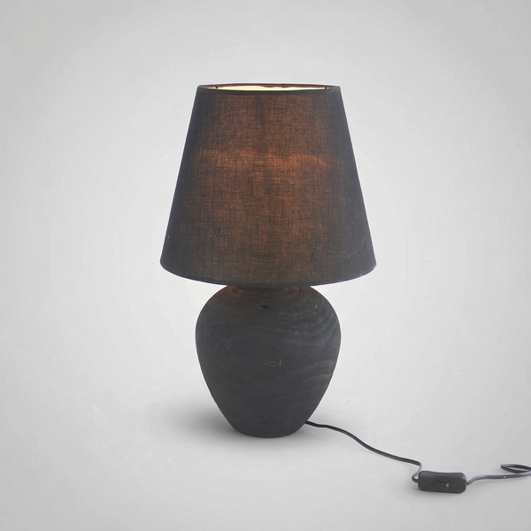 Matte Black Urn Table Lamp – Wabi-Sabi Linen Shade Bedside Light, night lights, detail view, embracing wabi-sabi natural